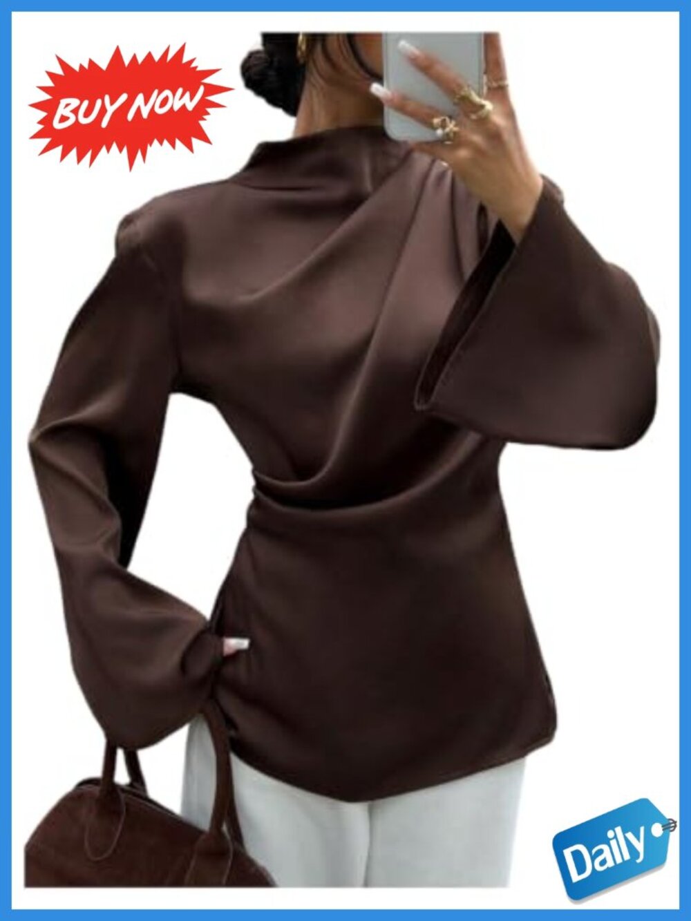 Satin Ruched Blouse Mock Neck Long Bell Sleeve Dressy Top